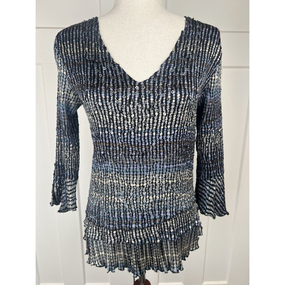 Vintage Alberto Makali Embellished Crinkle Blouse Stretch Beaded Boho Top L